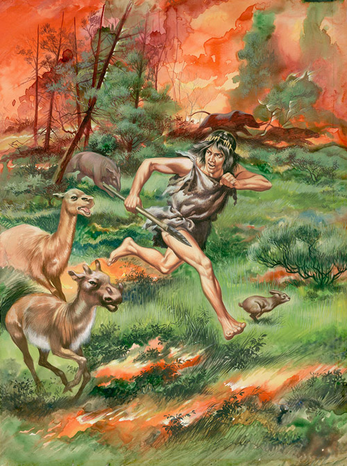 Stone Age Man Fleeing Fire (Original) by Ron Embleton Art at The Illustration Art Gallery