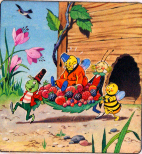 Gregory Grasshopper and his pals carry Mr Bumblebee (Original) by Gregory Grasshopper (Gordon Hutchings) Art at The Illustration Art Gallery