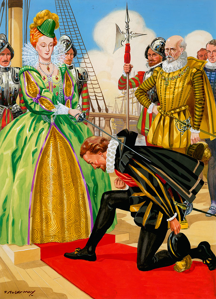 Queen Elizabeth I Knights Sir Francis Drake (Original) (Signed) art by F Stocks May Art at The Illustration Art Gallery