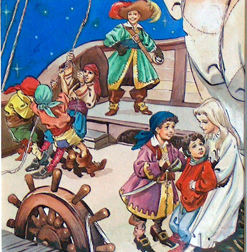 Peter Pan and Wendy Aboard the Pirate Ship (Original) by Peter Pan (Nadir Quinto) at The Illustration Art Gallery