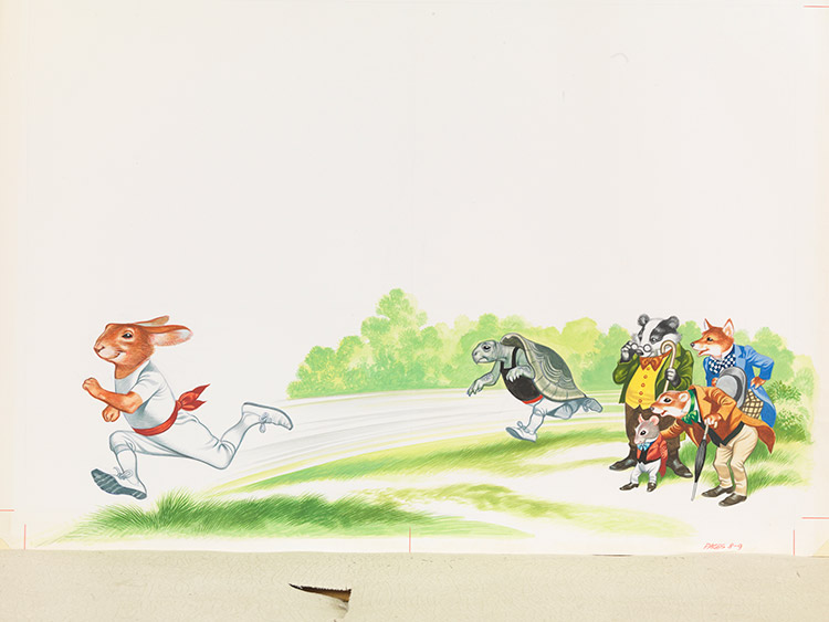 The Hare Races into the Lead as the Tortoise Follows (Original) by Aesop's Fables (Ron Embleton) at The Illustration Art Gallery